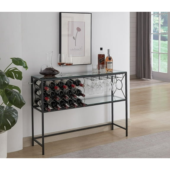 Kings Brand Furniture – Wine Rack Table with Glass Holder, Freestanding Floor Wine Cabinet with 15-Bottle Wine Storage, Bar Table Wine Liquor Stand for Home Kitchen Living Room, Bronze