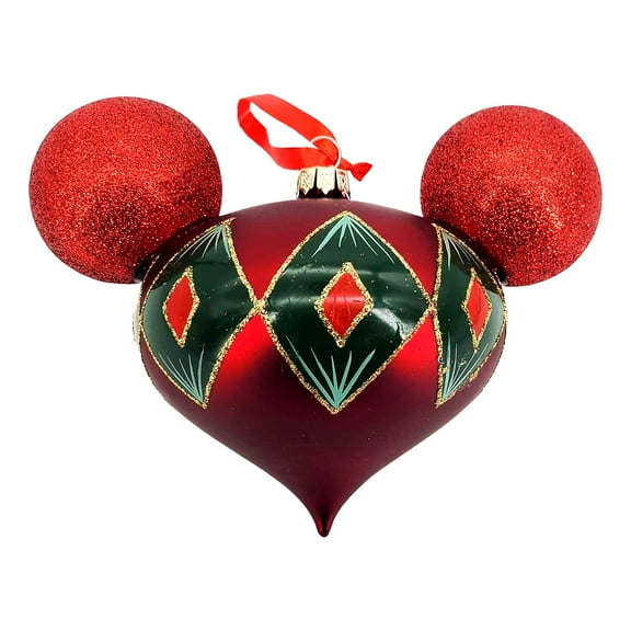 Disney Parks Mickey Mouse Ears Hanging Glass Christmas Onament Glitter Decoration Red Green