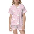thumbnail image 2 of 2026 New Kids Printed Button Down Short Sleeve Pajama Set Cute Pattern Lapel Top and Elastic Waist Shorts Sleepwear for Girls(Pink,9-10 Years), 2 of 3