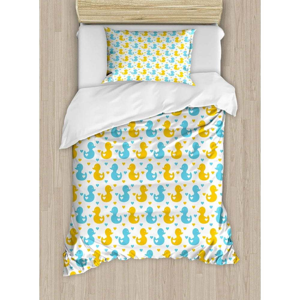 Rubber Duck Duvet Cover Set, Baby Ducklings Pattern with Little Hearts