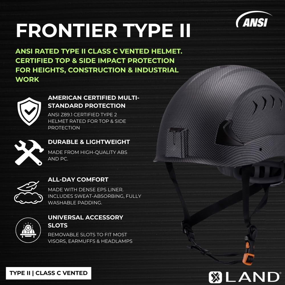 Land Helmets Frontier Type 2 Class C Vented Safety Helmet - ANSI/ISEA Z89.1 Type II OSHA Compliant Hard Hat - Carbon Fiber