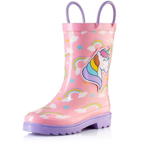 Puddle Play Waterproof Pink Unicorn Rubber Rain Boots Easy-On Handles - Size 4 Toddler