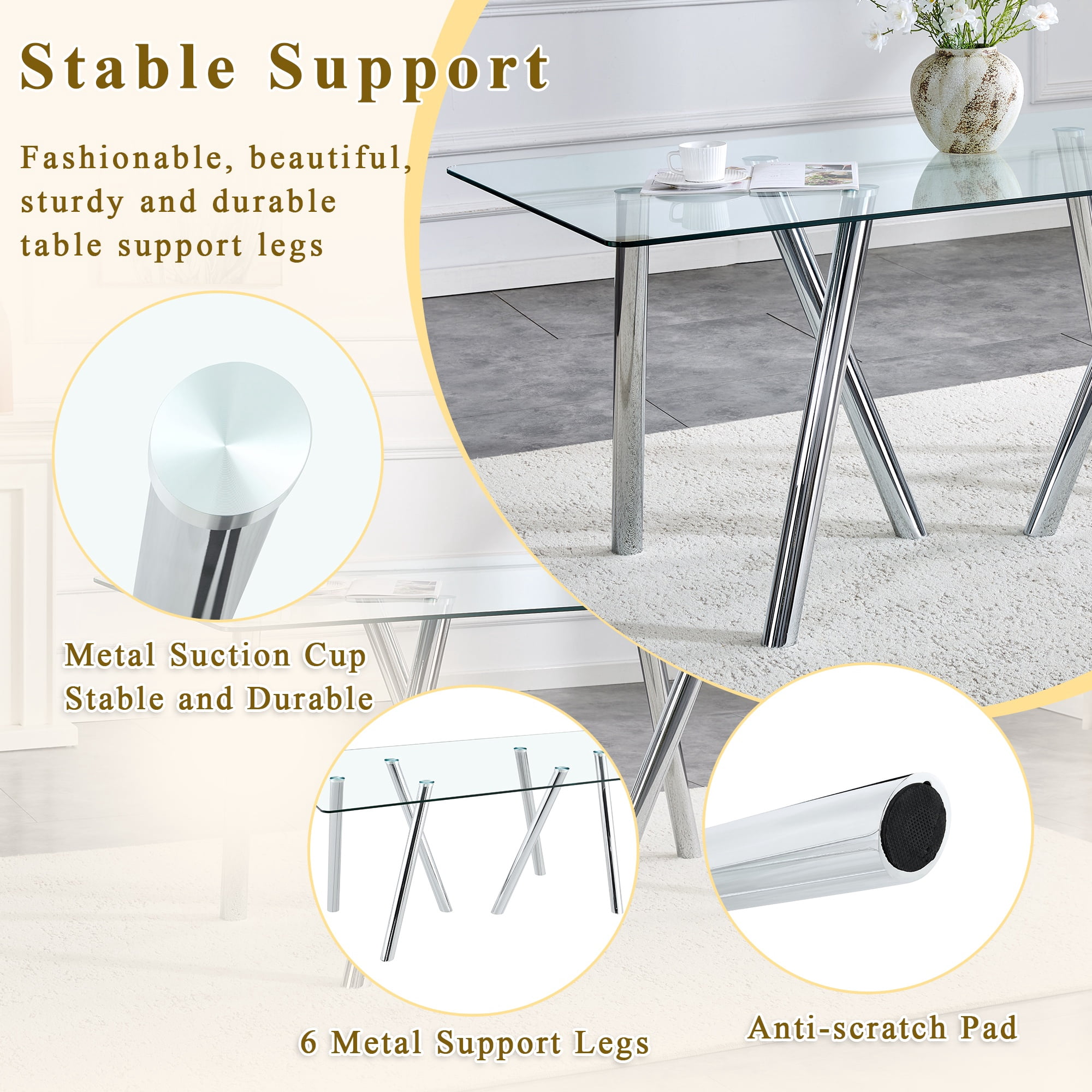 Alvantor 71" Tempered Glass Dining Table with White Metal Legs
