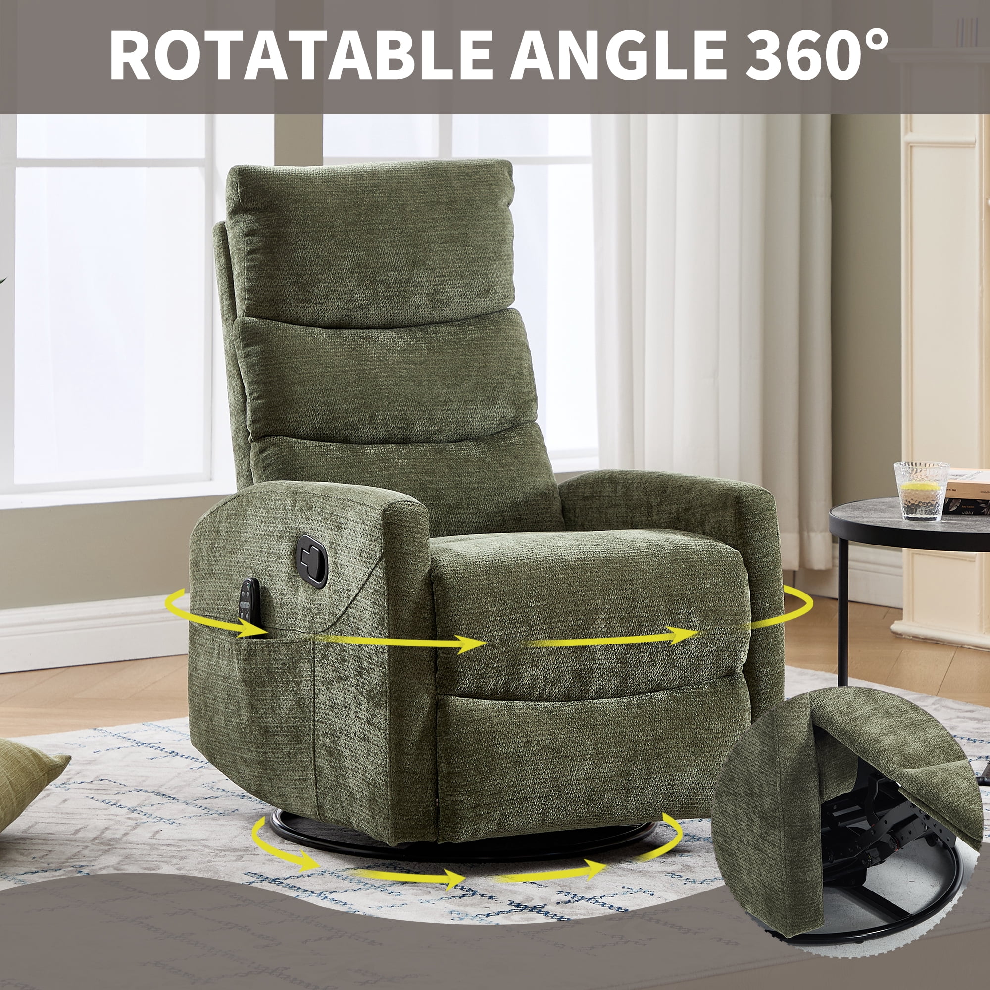 Aukfa 360° Swivel Recliner Rocking Chair with Massage and Heat for Living Room & Nursery, Chenille, Green