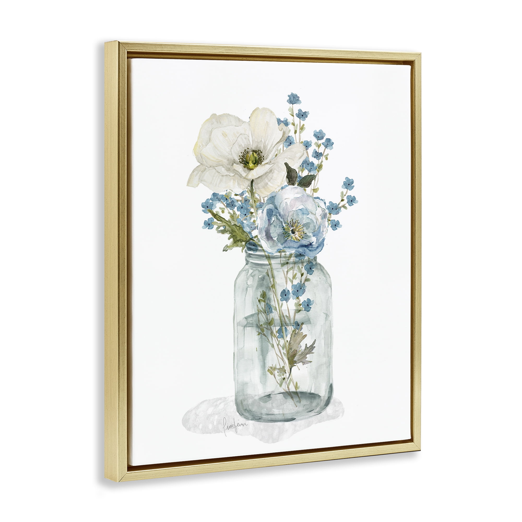Stupell Industries Soft Flower Jar Botanical & Floral Painting Gold Floater Framed Art Print Wall Art, 17 x 21