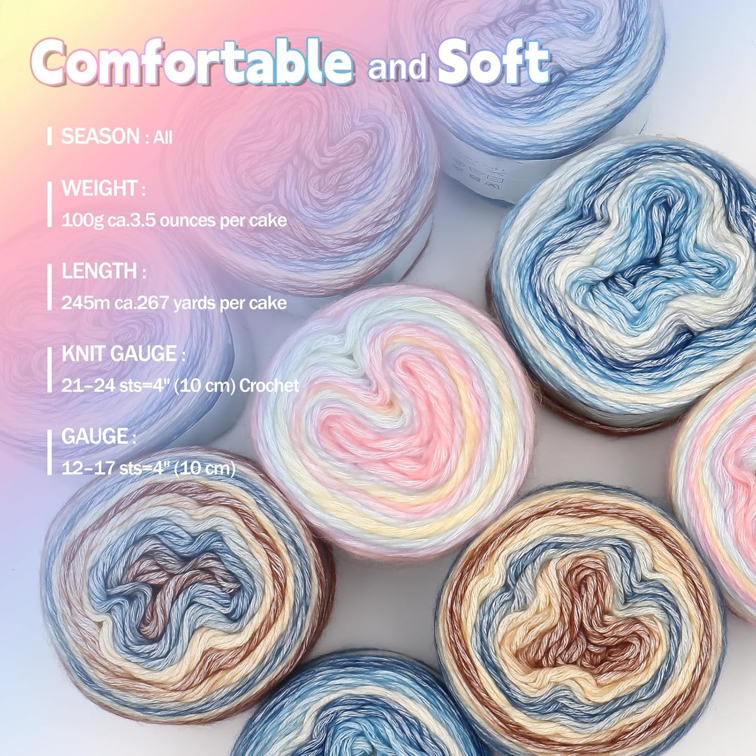 4x100g Gradient Cake Yarn for Crocheting Knitting-Ombré Yarn-Multicolor Soft Rainbow Cotton Crochet Yarn-Perfect for Scarves, Shawls, Blankets, and Garments That Stand Out with Style(B)