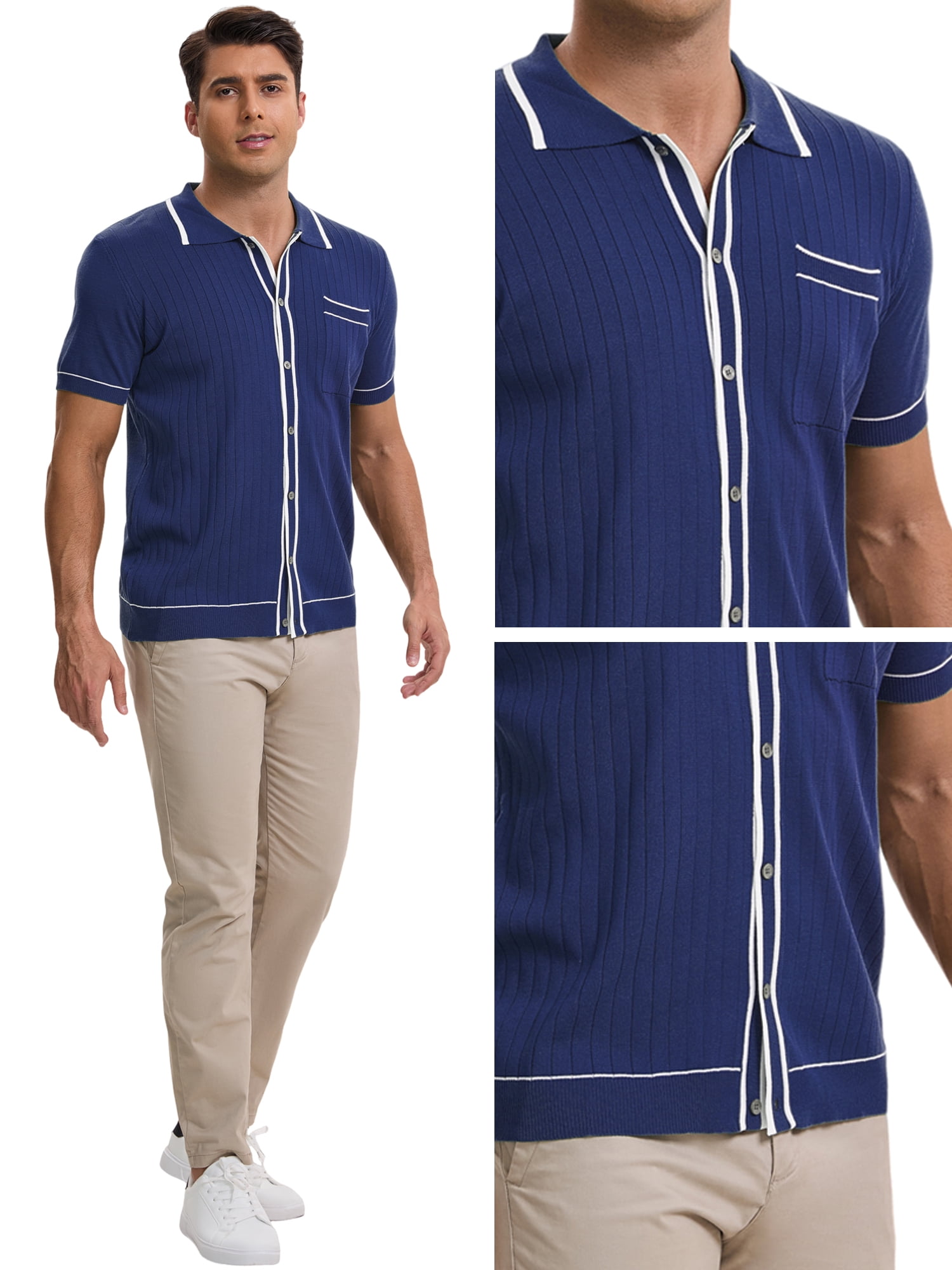 DARING DIVA Men's Knit Button Down Casual Vintage Short Sleeve Polo Shirt XL Dark Blue