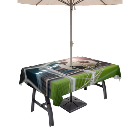 Outdoor Tablecloth with Umbrella Hole for Patio/Picnic/Party/Camping, Footballs Goal Waterproof Table Cloth Rectangle Table Cover Washable, Balls Sports Gaming Stadium Lights (60"x 84")