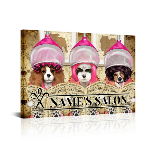 HOOHAA Personalized Salon Sign with Name Wall Art Dog Canvas Prints Custom Vintage Dog Grooming Hairstyle and Reading Magazines Giclee Poster Home Decor for Beauty Shop Groomer (Pink)