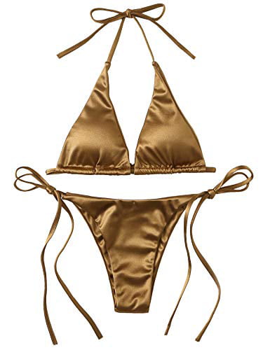 SOLY HUX Women's Metallic Halter Top Two Piece Swimsuit Tie Side Triangle Bikini 