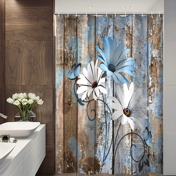Farmhouse Flower Floral Shower Curtain, Rustic Blue Daisy Shower Curtain Set, Country Blue Wild Garden Plant Fabric Shower Curtain with Hooks, Brown Wooden Board Bathroom Curtain, 36x70inch