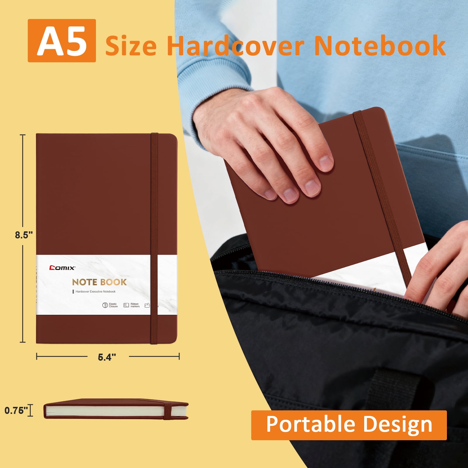 Comix Hardcover Notebook,Lined Journal for Writing, 240 Pages, 8.5 x 5.4 inch 6 Pack Brown