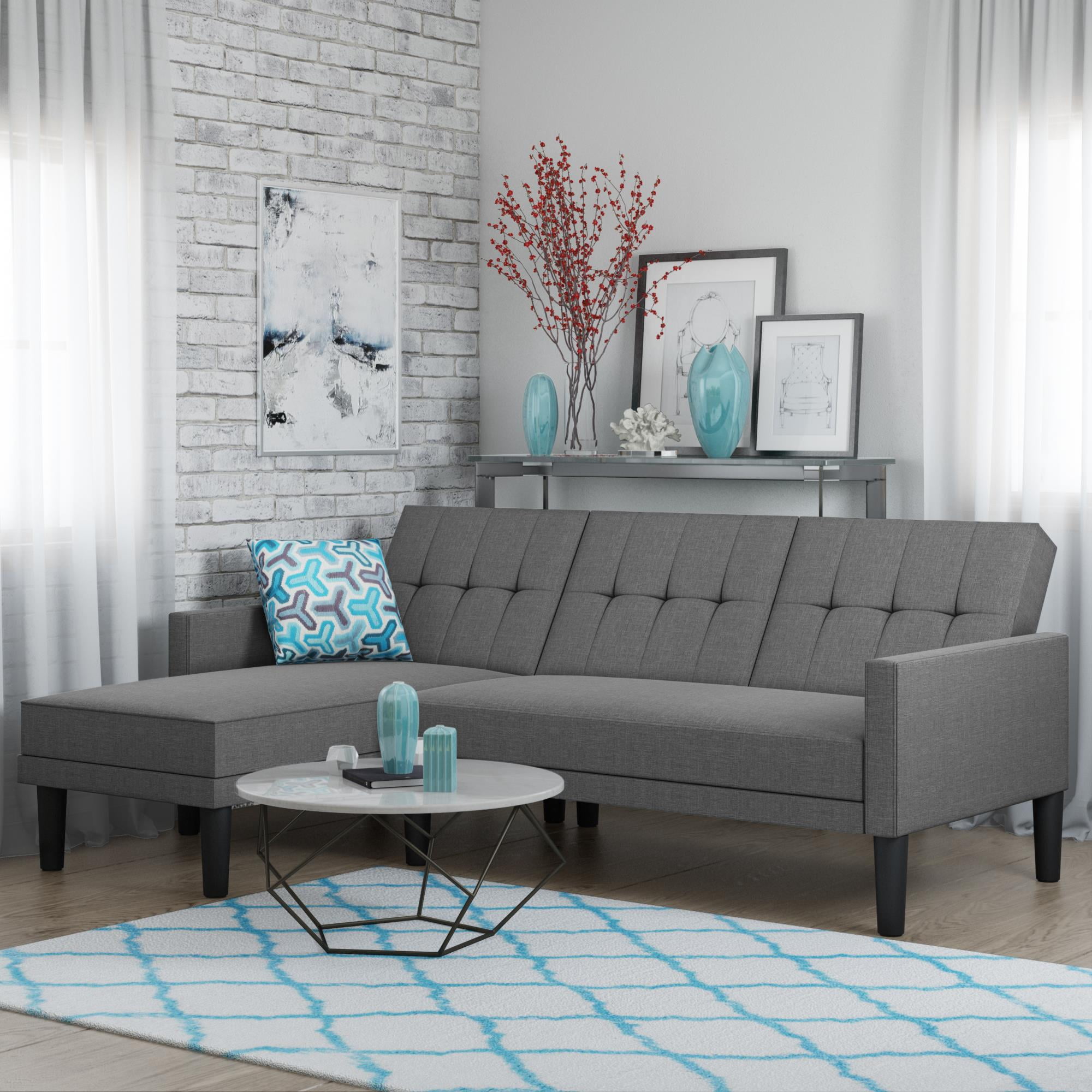 DHP Hudson Small Space Sectional Sofa Futon, Grey Linen