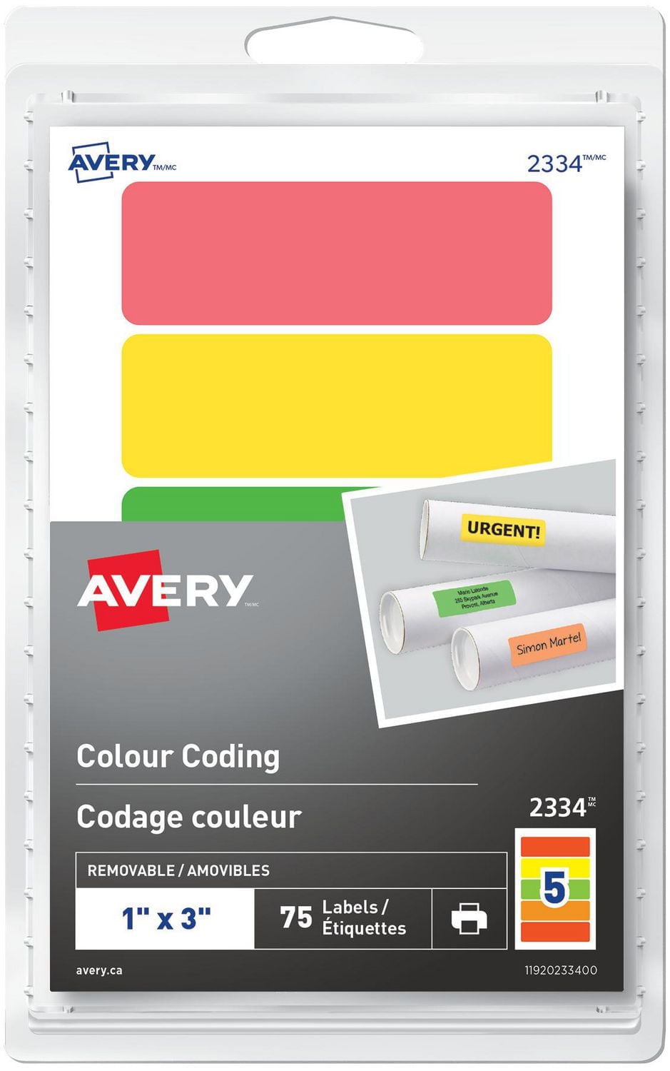 Avery Étiquettes à codage couleur rectangulaires amovibles pour imprimantes à laser ou jet d'encre, 1" x 3" - 2334