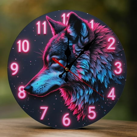 Wall Clock Decorative Neon Blue Wolf A Print 2 D Vintage Wall Clocks Battery Operated Silent Non