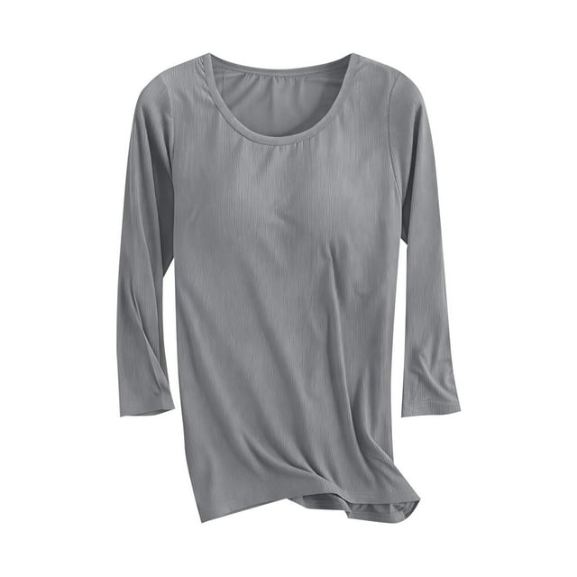 Floleo Hauts pour Femmes avec Soutien-Gorge Intégré Col Ras du Cou Manches 3/4 Camisoles Printemps Décontracté T-Shirts Amples Sans Armature Vêtements de Nuit à la Maison Couche de Base Douce Extensible (Gris,m)