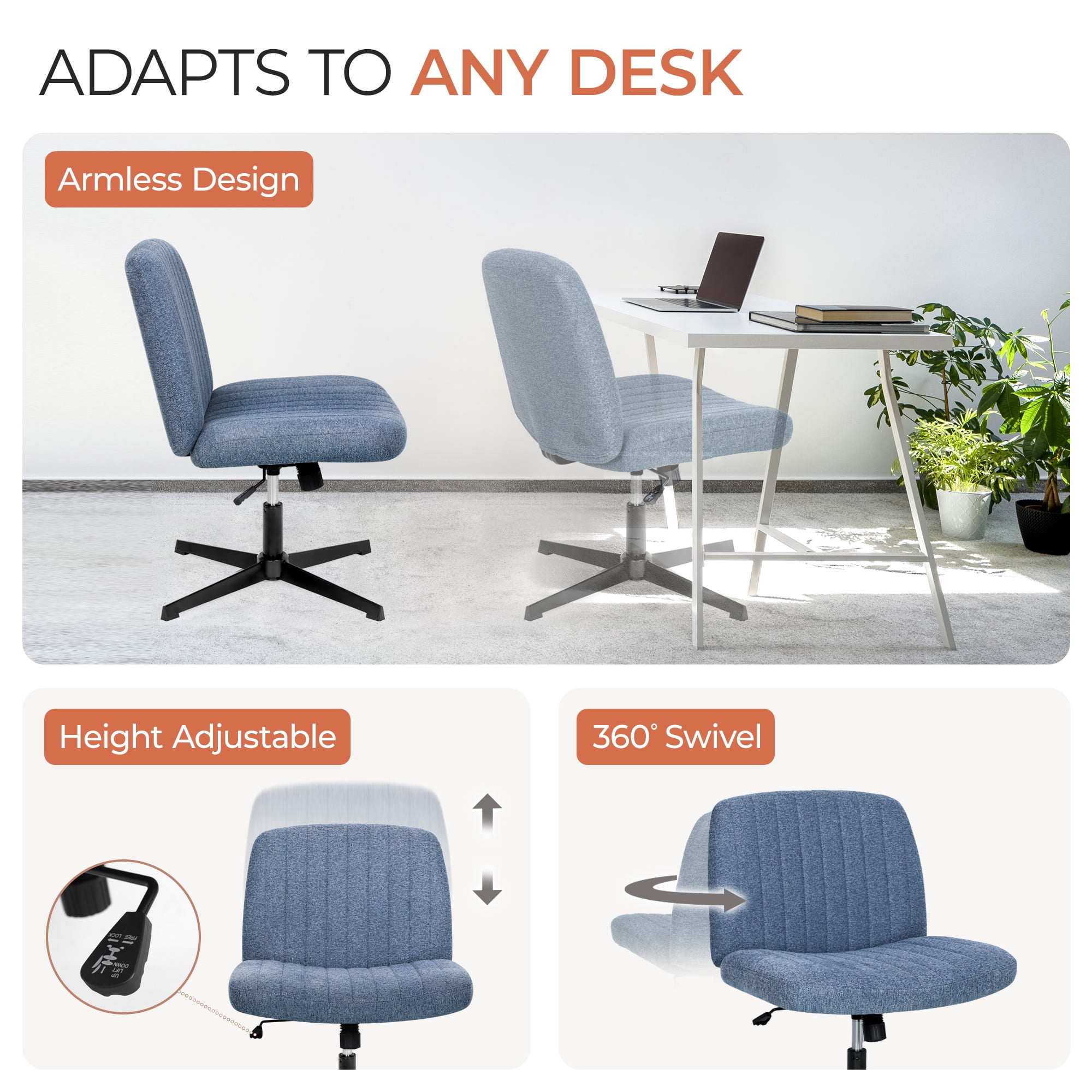 Orange Factory Criss Cross Chair No Wheel Wide Cross Legged Office Desk Vanity Chair Comfy Fabric Armless Adjustable Swivel for Home Computer Task (Blue No Wheel, Classic Fabric)