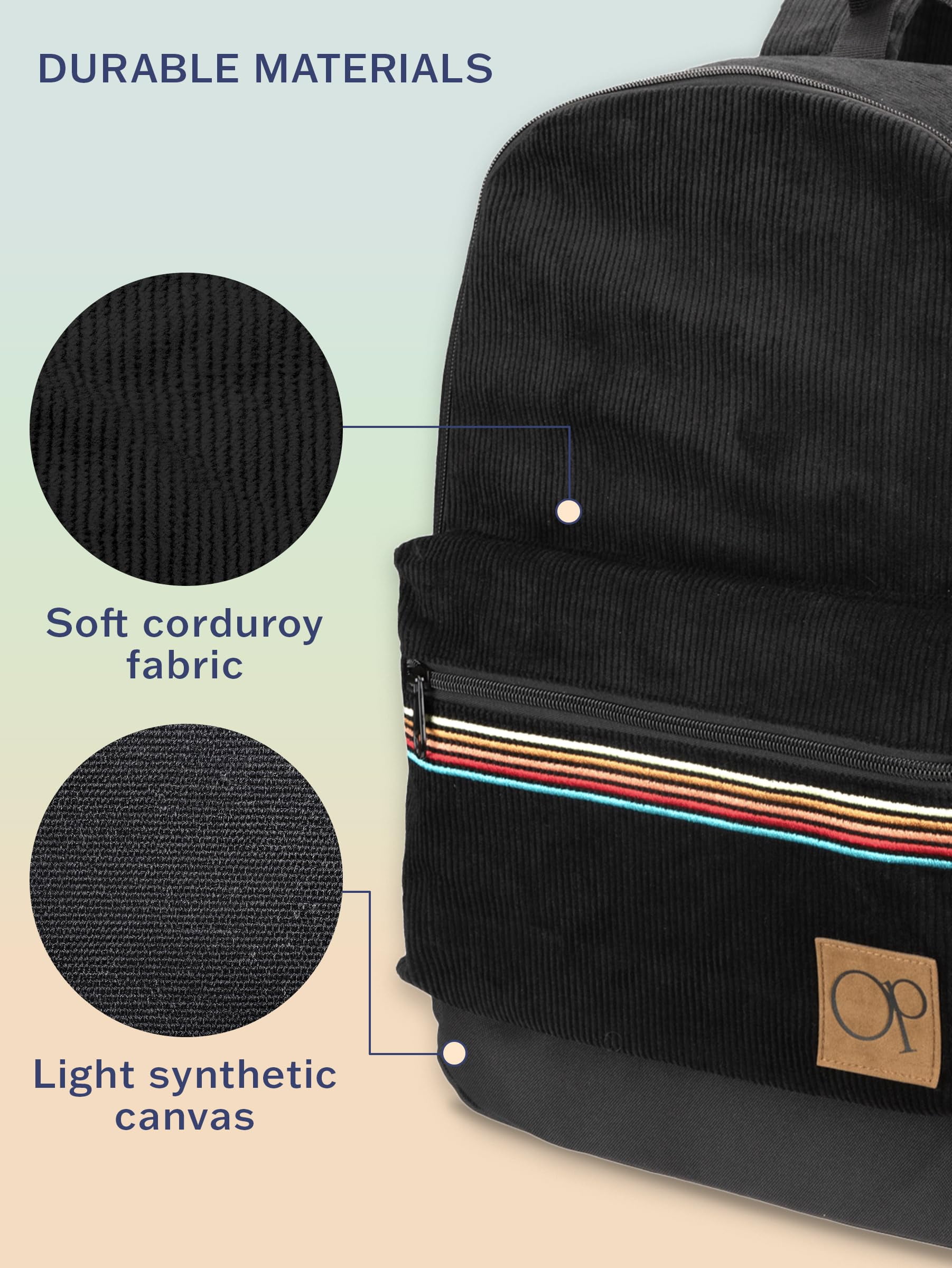 Ocean Pacific OG Corduroy Backpack for Travel, Waterproof College Fits 15.6” Laptop, Adults, Black