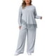 thumbnail image 1 of Conjuntos de 2 piezas para mujer de talla grande Agnes Orinda, blusa de manga larga de canalé con cuello redondo y dobladillo asimétrico con flecos y pantalones de pierna ancha 2X gris, 1 of 6