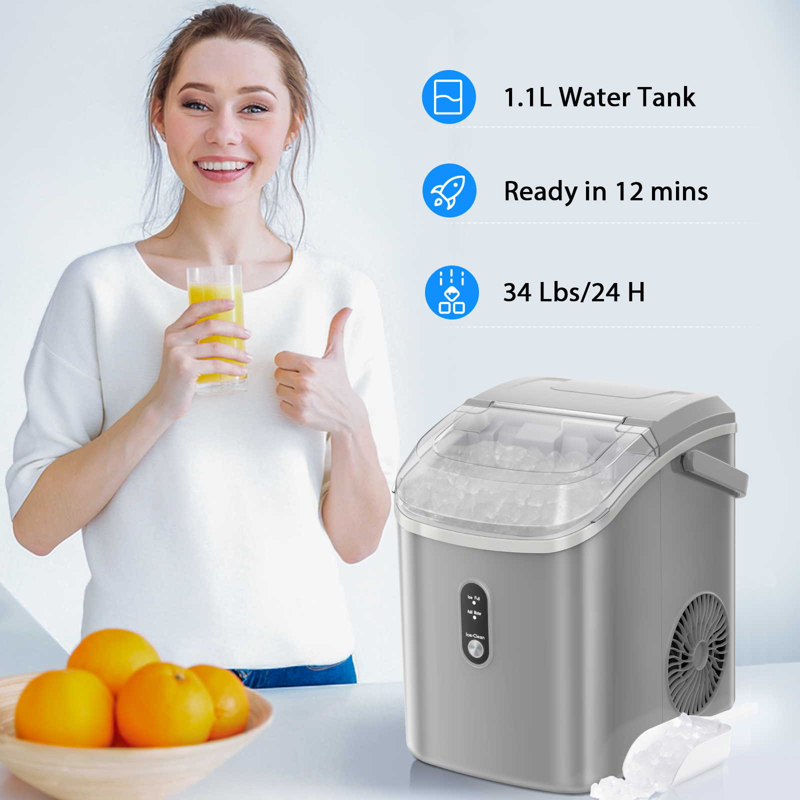 FREE VILLAGE Nugget Ice Maker Countertop Ready in 7 Mins,33lbs/24H Chewable Pellet Ice Machine with Self-Cleanin Function,Portable Ice Makers with Ice Scoop & Basket for Home Kitchen Office,Steel