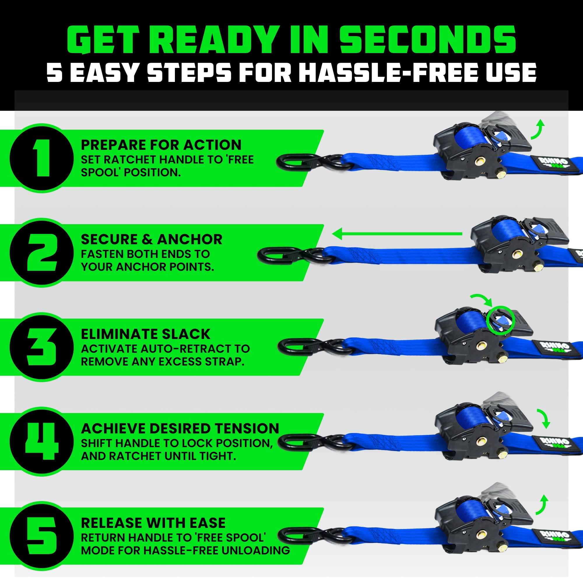 Rhino USA Heavy Duty 2" x 10' Retractable Ratchet Straps 3,033lb Break Strength (Blue 2-Pack)