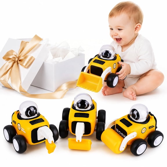 SOMNR 4-Pack Construction Vehicle Toy Set with Excavator, Bulldozer, Road Roller and Drill Truck, Press-and-Go Pull-Back Toys for Kids Ages 3 , Multicolor
