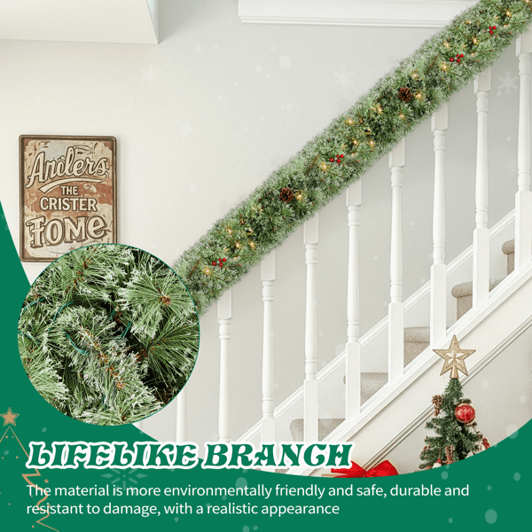 2-Pack 9FT Pre-Lit Snow Flocked Christmas Garlands, 440 Branch Tips, 200 Warm White LEDs, for Indoor/Covered Outdoor (Mantel/Staircase/Entryway)