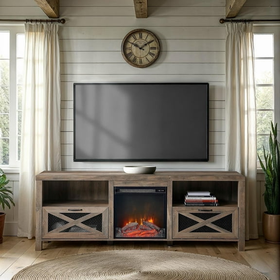 Walker Edison Farmhouse Fireplace TV Stand for TVs up to 85", Grey Wash