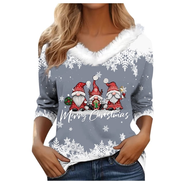 WEAIXIMIUNG T-Shirt à Manches Longues pour Femmes, Automne Hiver, Mode Décontractée, Col en V, Imprimé de Noël
