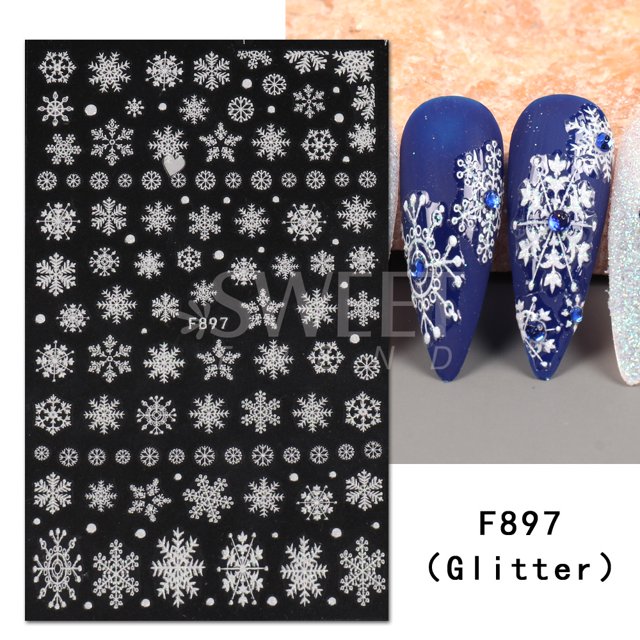 Pegatina de uñas de copos de nieve con purpurina blanca 3D, suéter reflectante de invierno dorado, Estrella bailarina, árbol de Navidad, Año Nuevo, punta para manicura