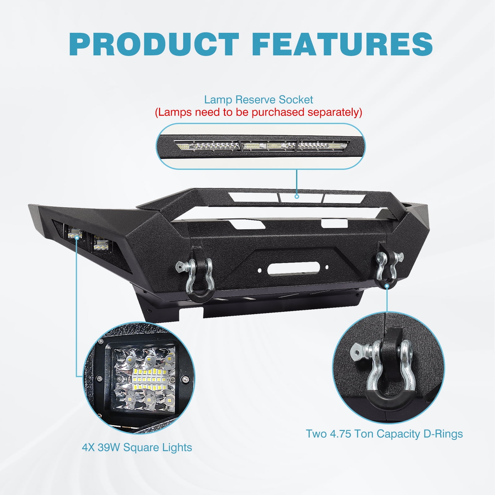 TOKMOWIN Full Width Front Bumper for 2005-2015 Toyota Tacoma with Winch Plate & Led Lights & D-Rings