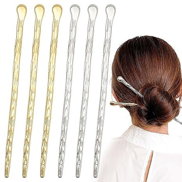 Paquete de 6 palillos chinos para el pelo para mujer, palillos de metal para moños, palillos largos para el pelo, accesorios de peinado de moda (oro y plata), 17,2 cm