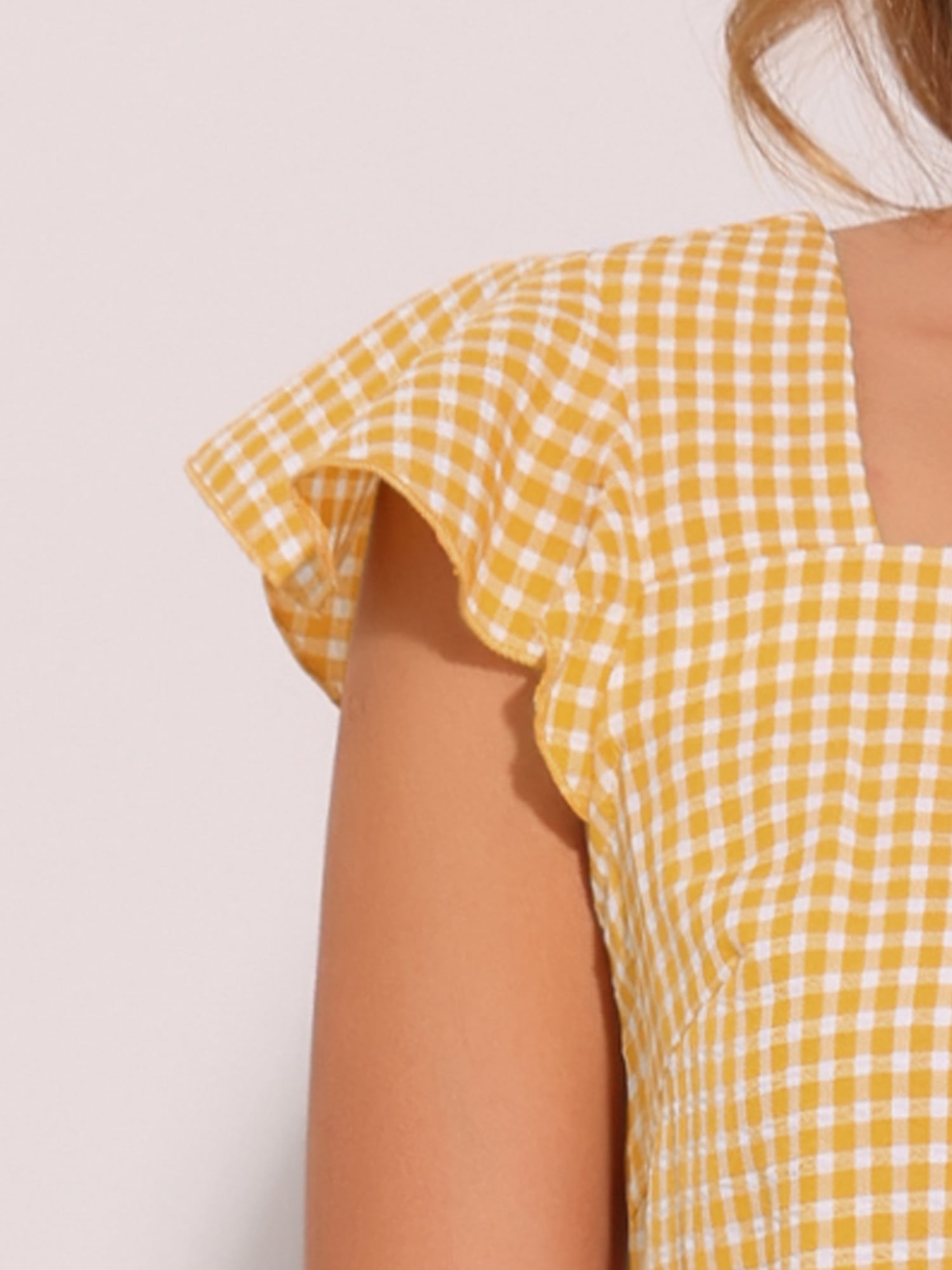 DARING DIVA Gingham Square Neck Ruffle Sleeve Blouse XL Light Yellow