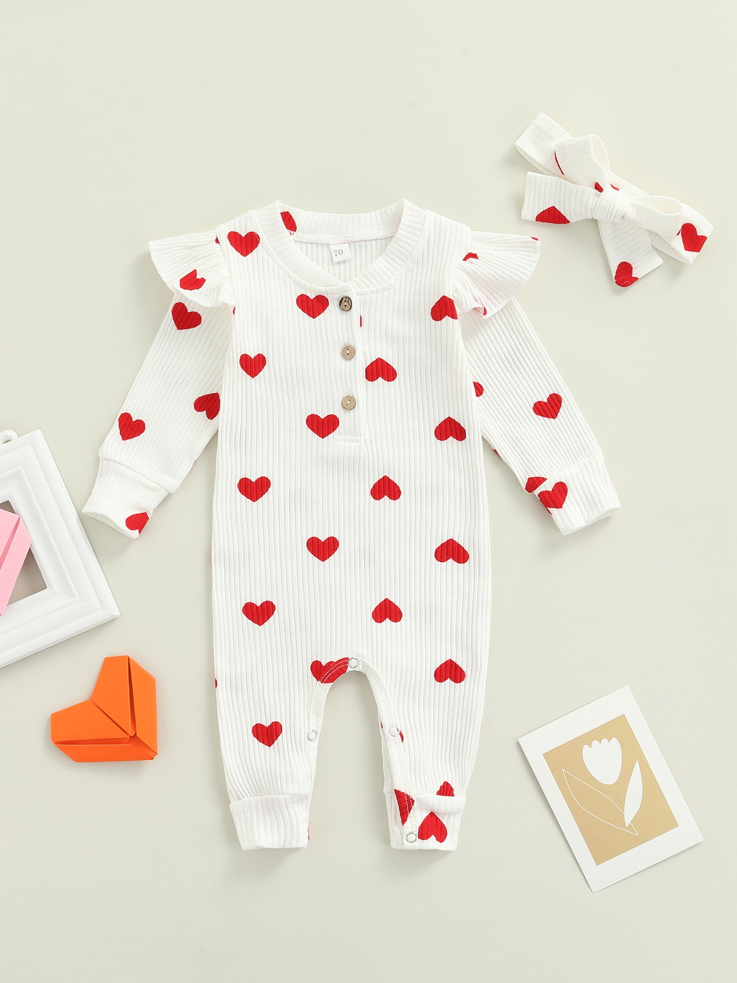 Baby Girl All Over Love Heart Print Ribbed V Neck Long-sleeve Button Jumpsuit
