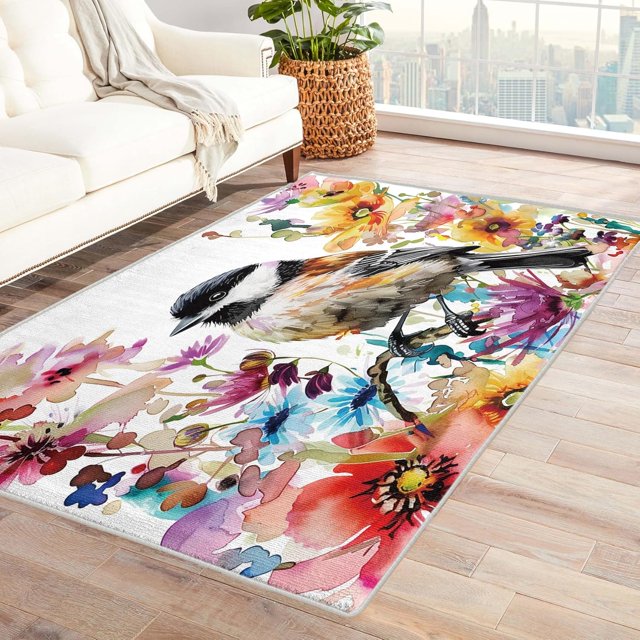 Bird Rug, Watercolor Area Rug 4x5, Spring Wildflowers Rugs for Bedroom, Rugs Low Pile Washable Stain Resistant Easy Clean for Dining Room, Living Room Soft Carpet Decor Km&-340
