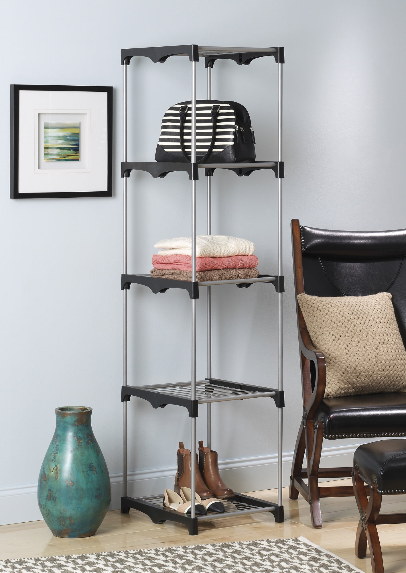 Whitmor 5 Tier Shelf Tower Closet Storage Organizer Silver & Black