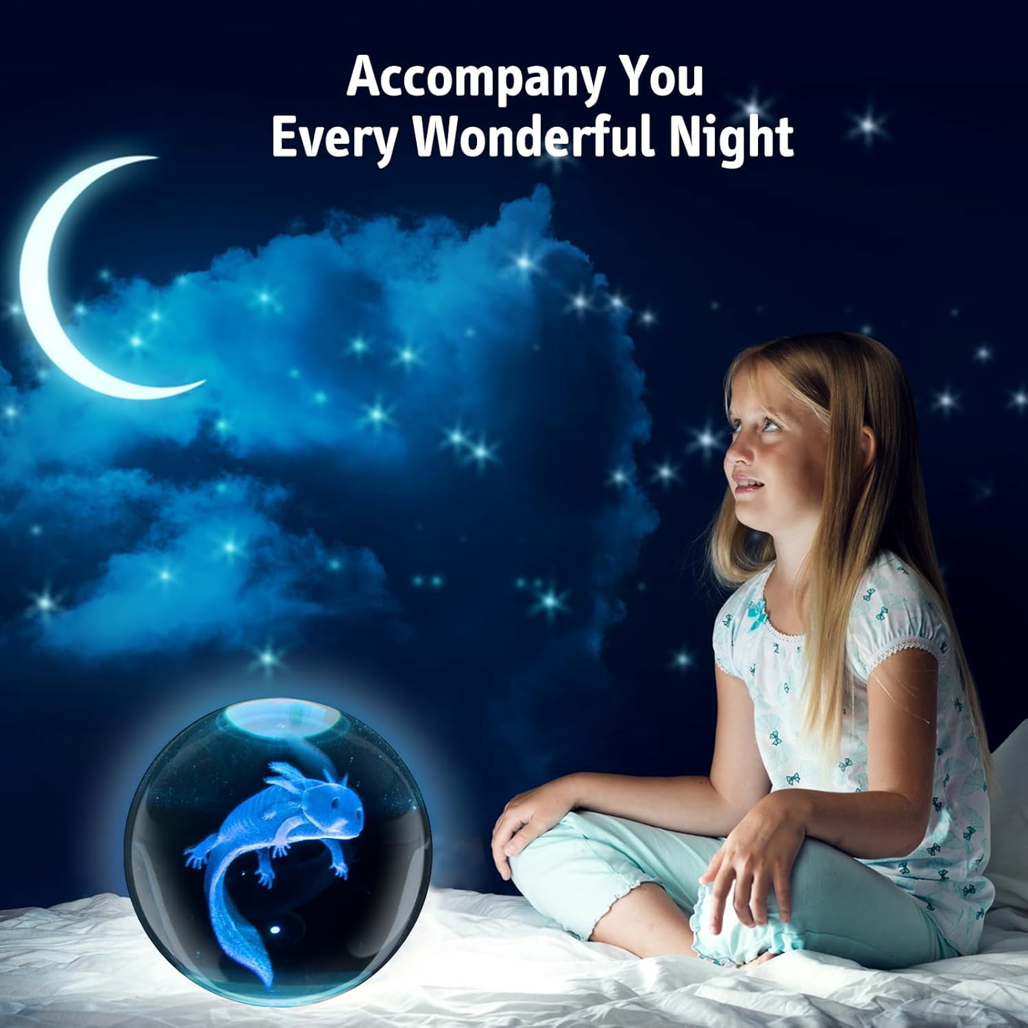 Axolotl 3D Crystal Ball Night Light with 16 Color LED Wooden Base, Upgraded 3.15 Inch Axolotl Glass Ball Lamp with Remote Control Cool Bedroom Decor Gifts for Kids Girls Boys Fans
