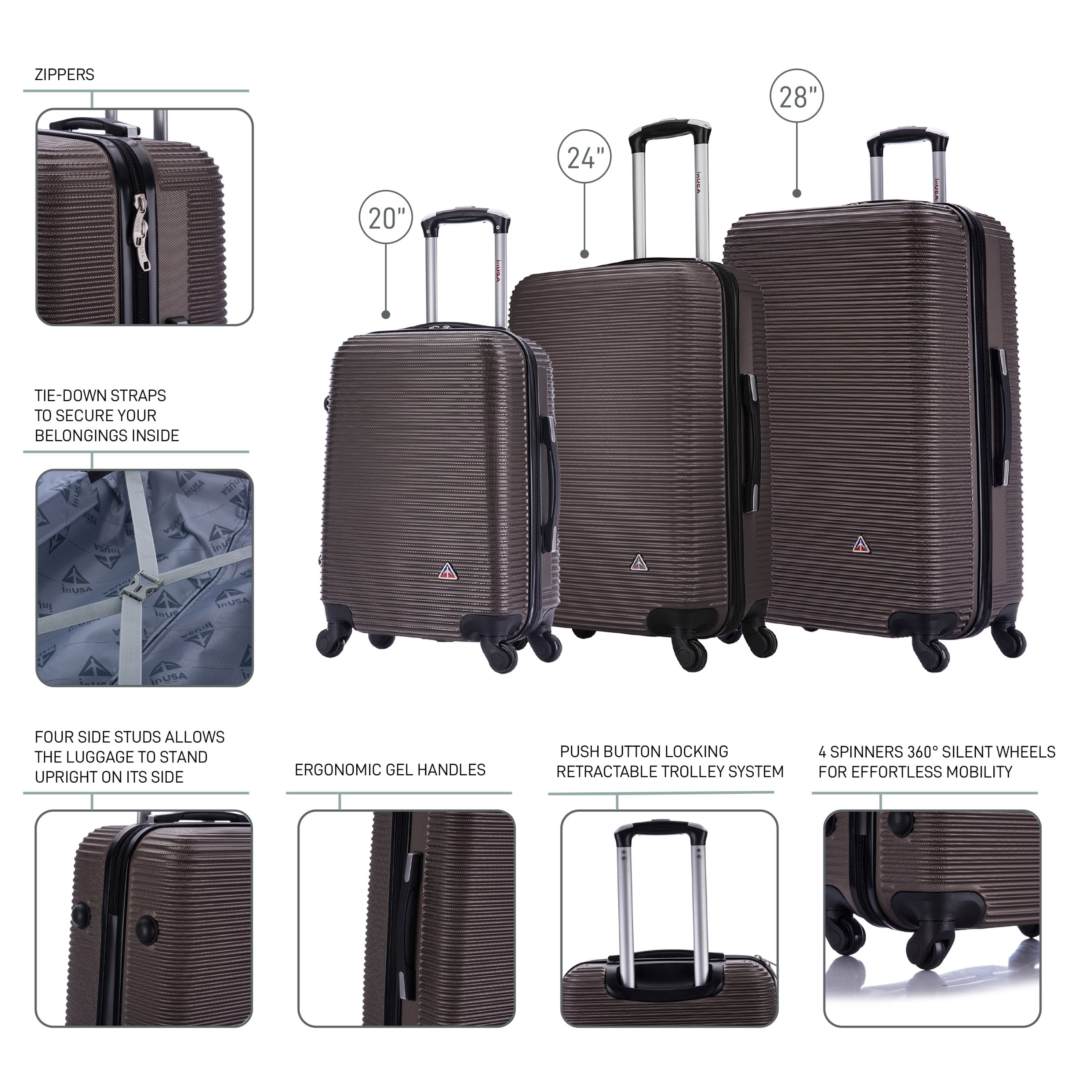 InUSA Royal 3-Piece Hardside Luggage Sets with Spinner Wheels, Handle, and Trolley, (20"/24"/28"), Brown