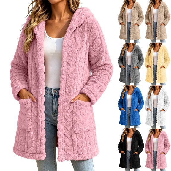 Open Front Hooded Cardigans for Women Long Fleece Warm Coat Outerwear with Pockets for Daily Wear