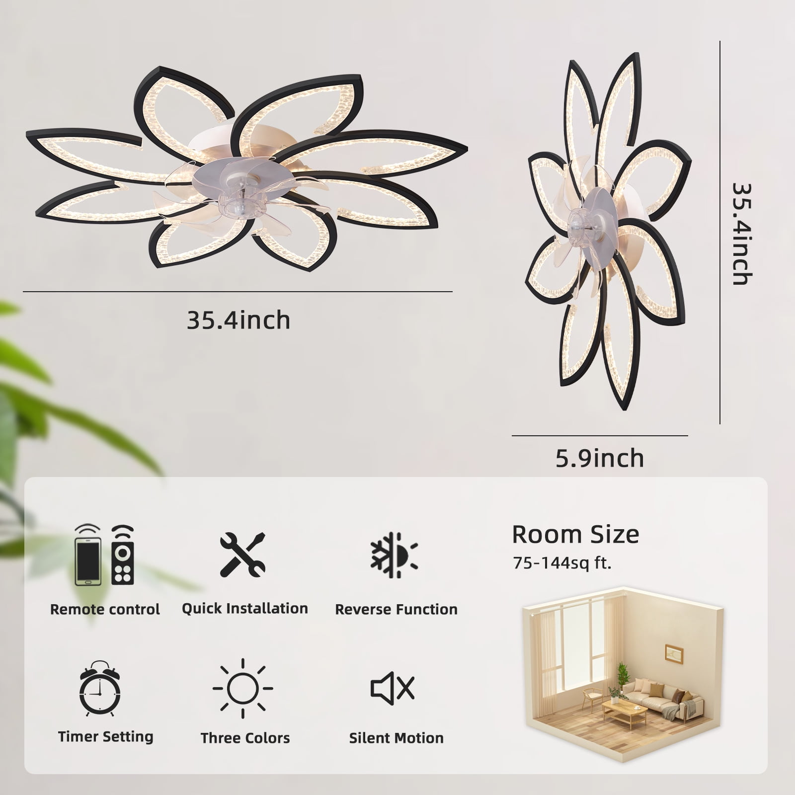 Mintazer 35.4" Modern Ceiling Fan with Remote Control, Modern Dimmable Flower Shaped, 6-Speed Adjustable 3-Color Temperature LED Lights with Fan for Bedrooms & Living Rooms