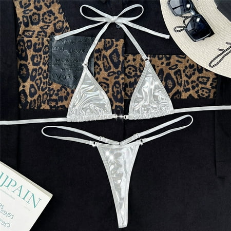 Sexy Shiny Silver Triangle Micro Bikinis Mujer String Halter Swimwear Mini Thong Swimsuit Women 2024 Two Piece Bikini Set Bather