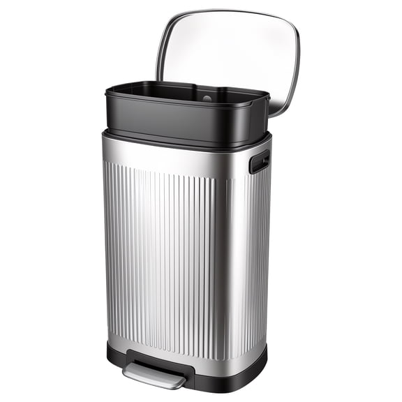VUSIGN Kitchen Trash Can, 13 Gallon Stainless Steel Rectangular Step Pedal Soft Close Lid Garbage Bin, Fingerprint Resistant Removable Inner Bucket, Silver