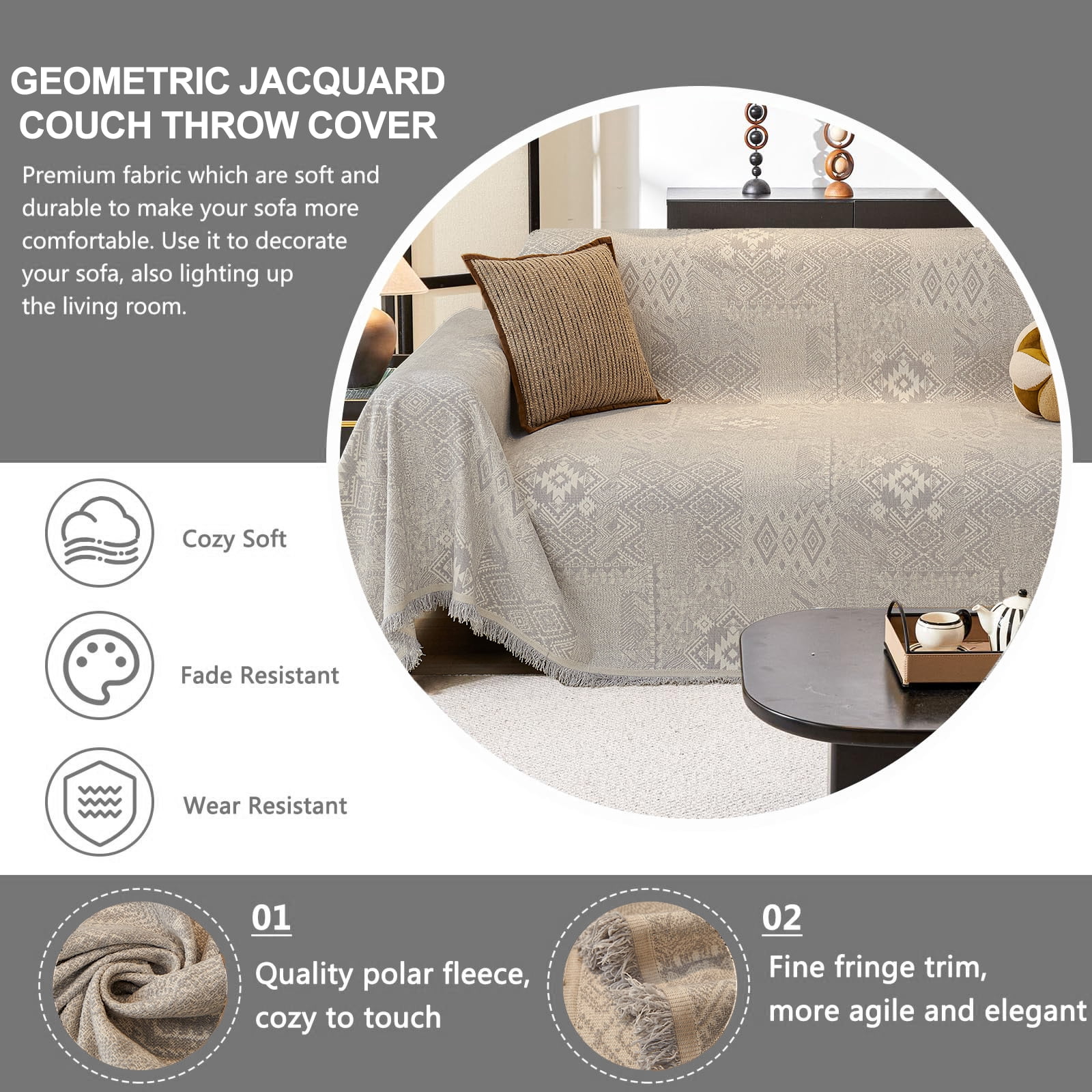 Sanmadrola Reversible Sofa Covers for 3 Cushion Couch, Geometric Jacquard Chenille Slipcover, L Shape Sectional Couch Cover with Tassels, Washable Furniture Protector for Dogs Cats Pet, 71"x118"
