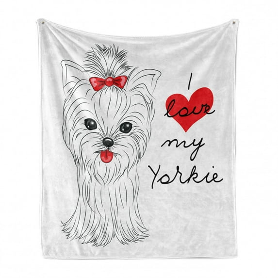 Yorkie Soft Flannel Fleece Throw Blanket, I Love My Dog Its Tounge out Yorkshire Terrier House Pet Image, Cozy Plush for Indoor and Outdoor Use, 50" x 70", Black White Red, by Ambesonne