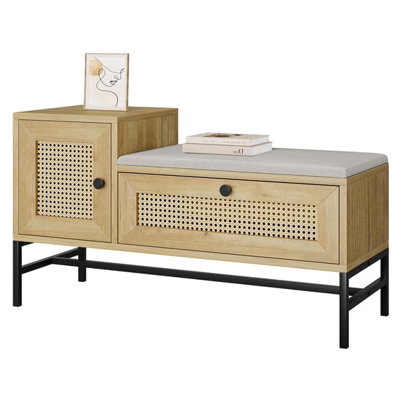 M optimized 39.3"x14.9"x18.1" Rattan Shoe Bench with Linen Seat Cushion, Entryway Bench with Storage Cabinet, Wooden Storage Bench for Hallway and Bedroom