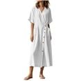 thumbnail image 6 of Bxsruta Women's Wrap V Neck Midi Dress Button Front Short Sleeve Loose Fit Casual Faux Linen Summer Dress Breathable Lightweight Versatile Everyday Flattering, 6 of 8