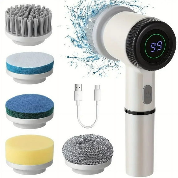 Cordless Electric Spin Scrubber - 3 Speeds, 5 Replaceable Heads, Battery Level Display for Bathroom/Kitchen Cleaning