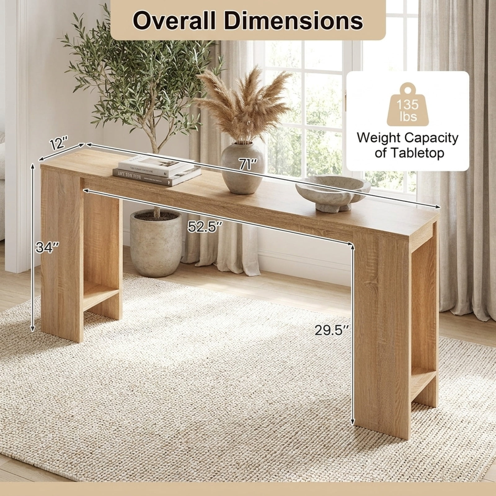 Furnibear 71 Inch Extra Long Console Table Entryway Table with Bottom Storage for Hallway Living Room Foyer Sofa, Natural