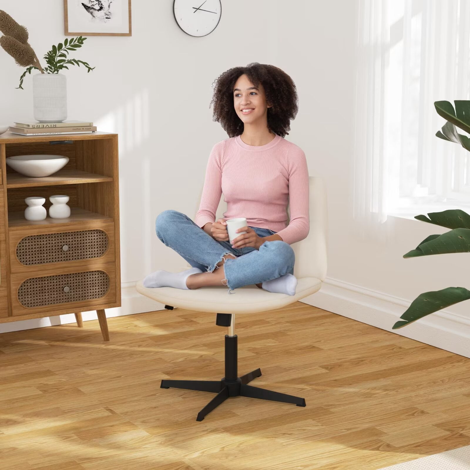 YRLLENSDAN Vanity Chair No Wheels Armless, Height Adjustable Criss Cross Office Chair with Back, Swivel Computer Chair Ergonomic with Wide Seat, Beige