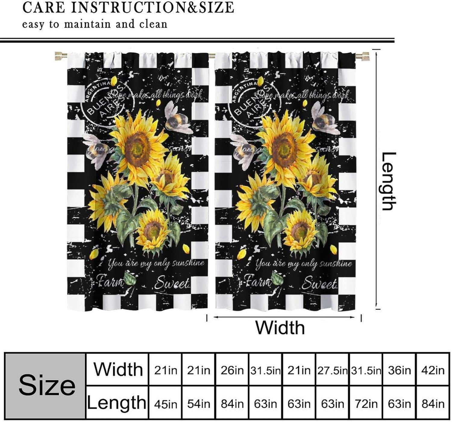 Sunflower Blackout Curtains for Kitchen, Rustic Farmhouse Vintage Watercolor Black Yellow Floral Flower Bee Retro Farm Country Living Room Bedroom Window Drapes Treatments 2 Panel 42x63in